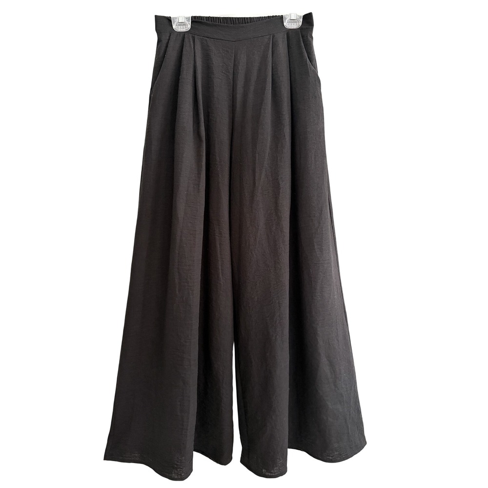 Francesca's Wide Leg Pants Womens Medium Black Linen Blend Pleated Elastic Waist